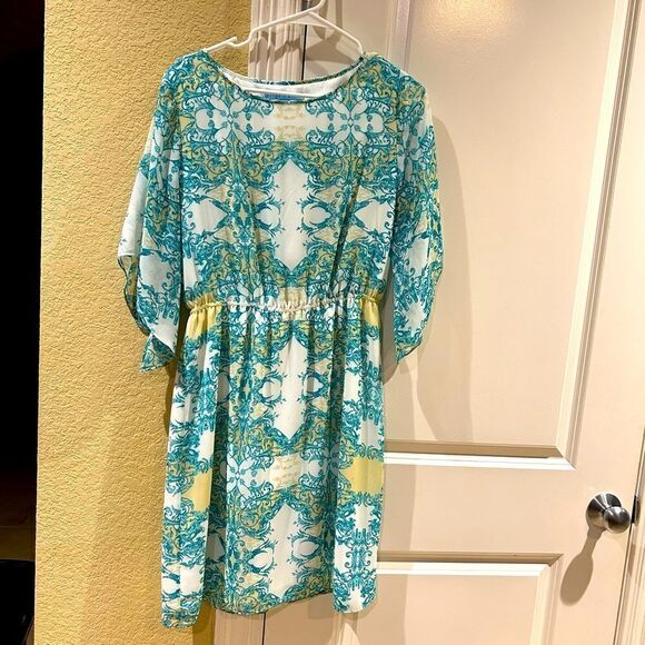 Antonio Melani size 8 teal and white print dress with flowy sleeves - Picture 1 of 9